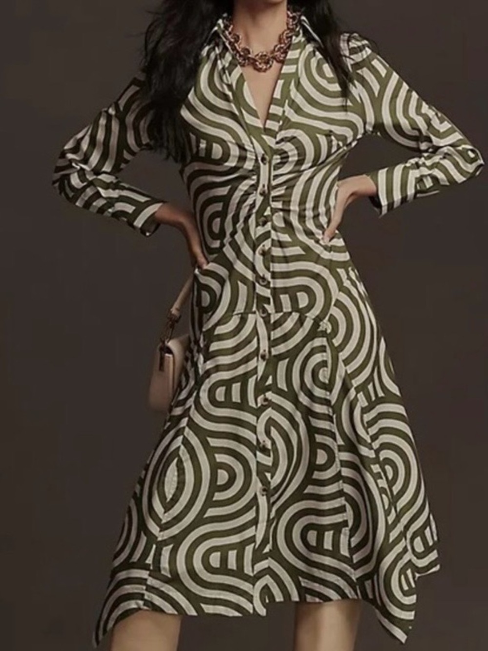 Anthropologie Green Geometric Poplin Shirt Dress Button Front Cotton Size 8 NWT